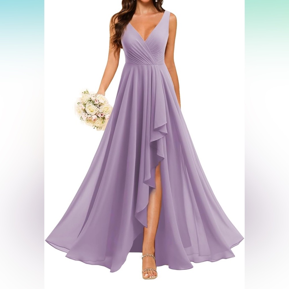 Lavender V-Neck Ruffle Front Chiffon Wedding Gown